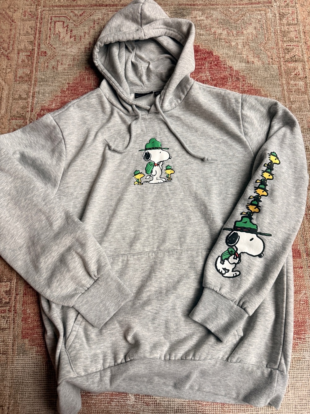 Peanuts Gray Hoodie with Green Snoopy & Yellow Woodstock Graphics